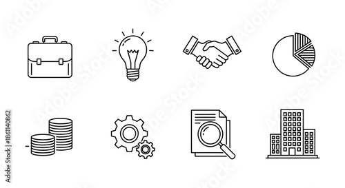 Business concepts illustrated with a briefcase lightbulb handshake and charts in outline silhouette