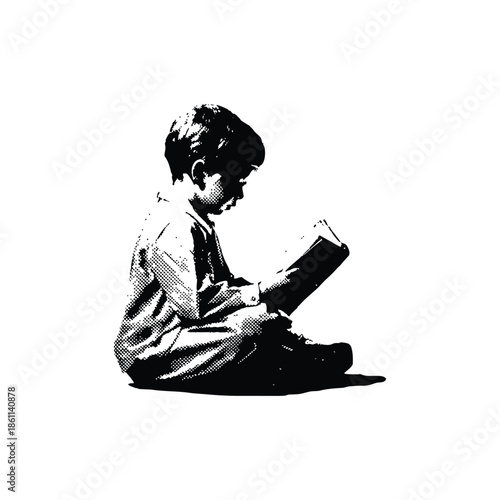 Black and white vintage engraving illustration of a child sitting on the floor reading a book, vintage retro halftone style vector illustration