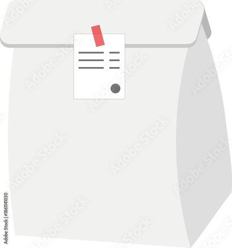 Minimal vector illustration of a white paper food package or takeout bag with a receipt attached by tape.
