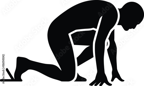 Black Silhouette of a Runner in Starting Position on White Background running sprinter