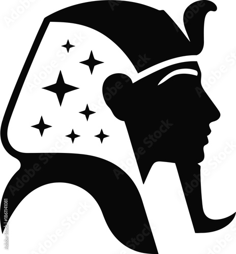 Black silhouette of an Egyptian pharaoh head with stars on white background profile