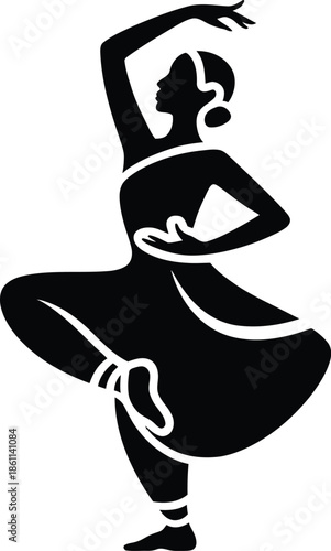 Black silhouette of an Indian classical dancer in a traditional pose on white background vector