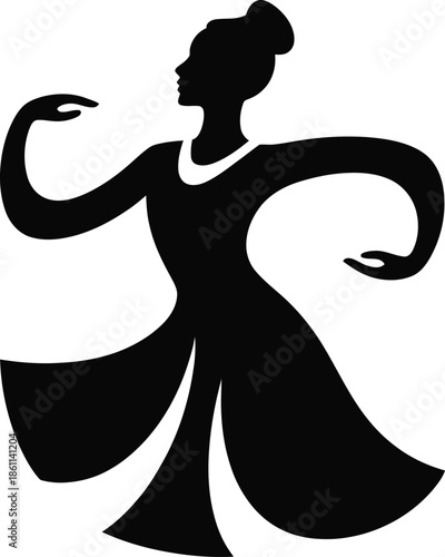 Silhouette of a female dancer with arms outstretched and a flared skirt in a symmetrical pose woman