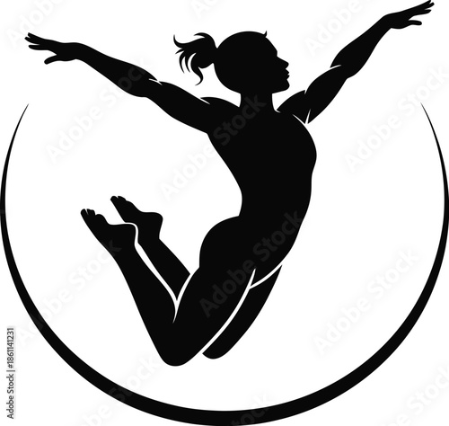 Silhouette of a female gymnast in mid-air within a circular frame woman black