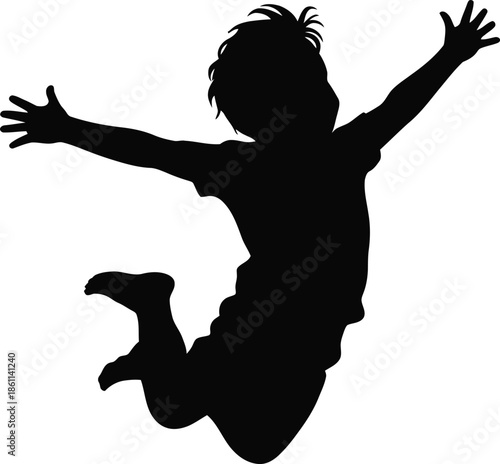 Silhouette of a joyful child jumping with arms outstretched on white background happy