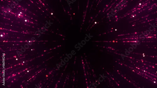 Shimmering purple star particles bursting outward from center on dark background, glowing festive light rays for New Year celebration, award ceremony, event design. 4K loop animation.