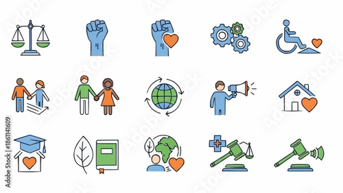 Set of icons representing social justice and human rights concepts.