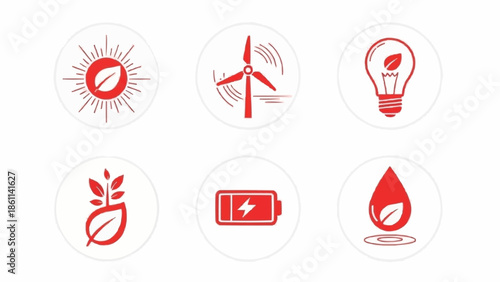 Set of renewable energy and eco friendly icons in red.
