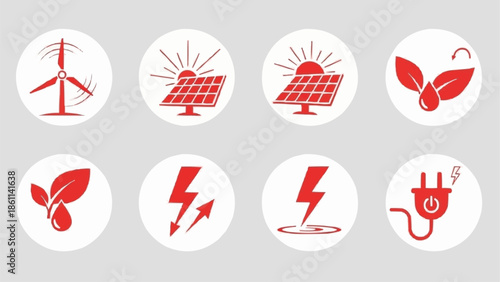 Set of renewable energy and electricity icons in red.