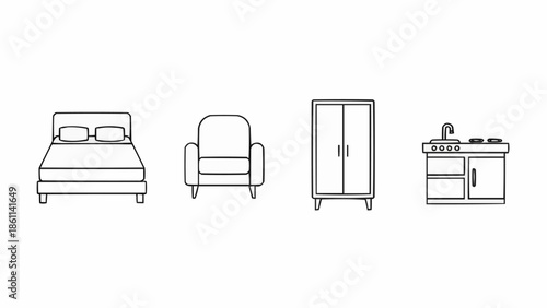 Set of simple line art furniture icons including a bed armchair wardrobe and kitchen counter.