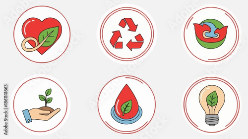 Set of six circular icons representing environmental concepts and sustainability.