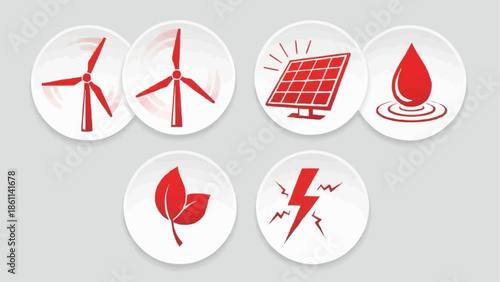 Set of icons representing renewable energy sources and sustainability.