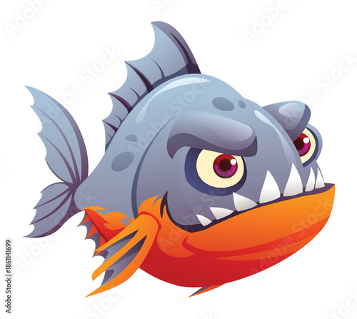 Grumpy piranha fish mascot showing sharp teeth with skeptical look. Vector cartoon character illustration