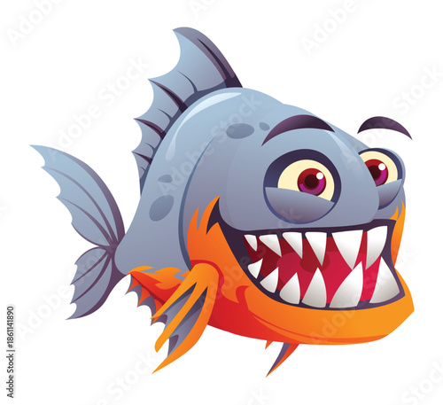 Silly piranha fish with goofy expression and sharp teeth. Vector cartoon character illustration