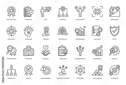 Best Practice Line Icon set. Containing Best Practices, Guidelines, Ethic, Workflow, Accountability, Vision 