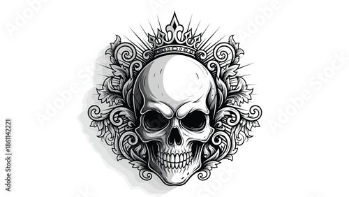 Intricate skull design with ornate floral halo.