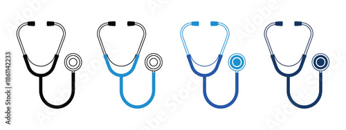 Stethoscope Icons, isolated vector designs including line, solid black, and blue variations for medical checkups, healthcare monitoring, diagnostics, clinical tools, and digital health interface illus