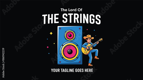 Musician playing guitar beside a speaker illustration.