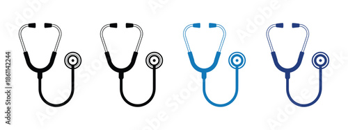 Stethoscope Icons, isolated vector designs including line, solid black, and blue variations for medical checkups, healthcare monitoring, diagnostics, clinical tools, and digital health interface illus