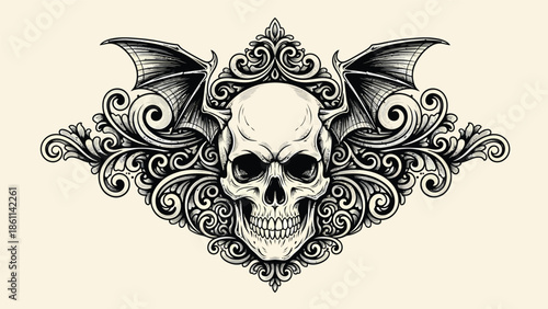 Ornate Skull with Wings Illustration for Graphic Design.