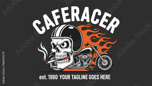 Skull Motorbike with Flames Graphic Design.