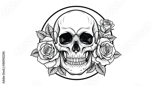 Skull surrounded by roses in black line art.