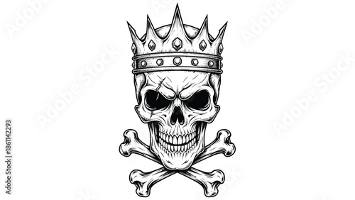 Skull Wearing Crown Illustration with Crossbones.