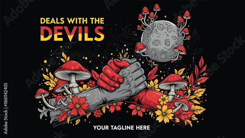 Cartoon Devils Engaged in Playful Confrontation Amid Flowers.