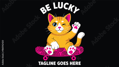 Cartoon Orange Cat Riding Skateboard Be Lucky Fun.