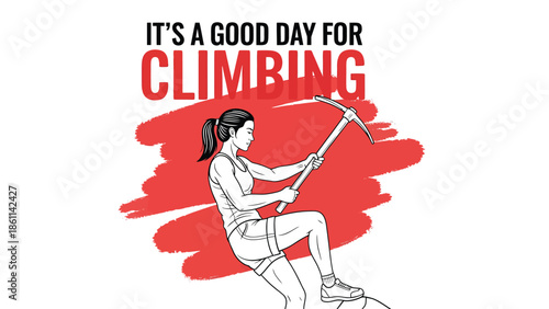 Climber on rock face in a dynamic ascent pose and determined expression.