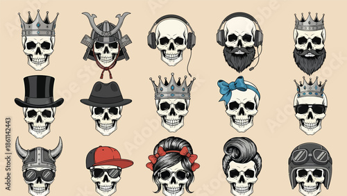 Collection of Skull Portraits with Varied Hats and Crowns.