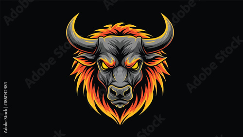 Fierce stylized bull head illustration on black background.