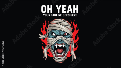 Fiery menacing zombie mascot head with bandages.