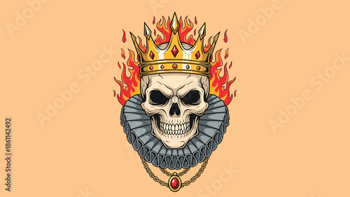 Flaming Crowned Skull Emblem Artwork Stylized Illustration.