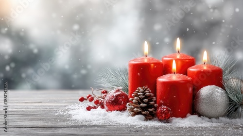 Festive red candles surrounded by holiday decorations on a snowy winter day
