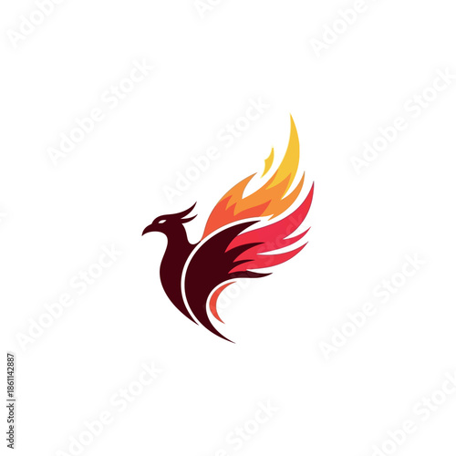 Vibrant Phoenix Bird Illustration Soars with Flames on White Background