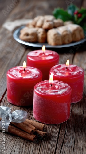 Festive red candles surrounded by holiday decorations on a snowy winter day