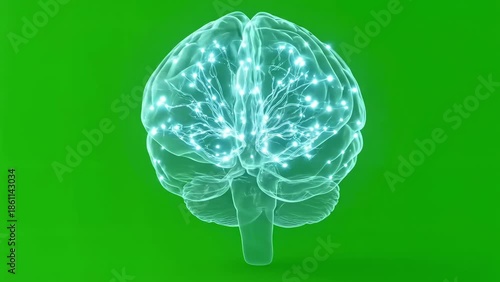 Rotating Digital Human Brain Animation with Glowing Neural Connections on Green Screen Background, Artificial Intelligence and Medical Anatomy Concept for Science and Futuristic Technology Project