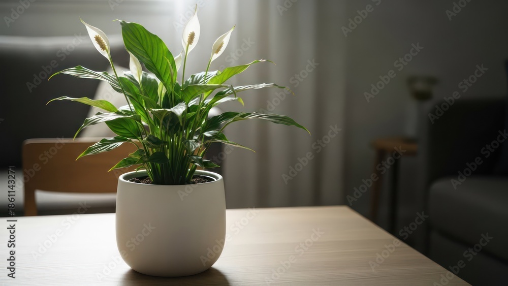 Fototapeta premium A potted, flowering plant sits on a wooden table, in front of a blurred living room scene