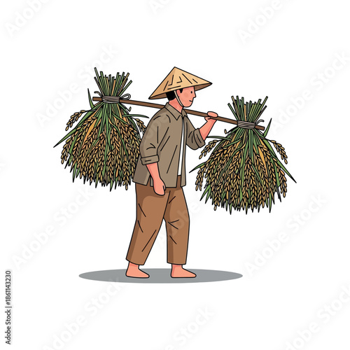 A farmer carries heavy bundles of harvested rice on a pole.