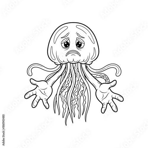 A cartoon octopus looks sad with tentacles spread wide in a black illustration.
