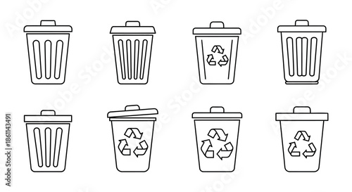 Collection of various trash can outlines in a grid arrangement simple black and white silhouette