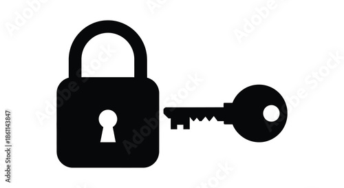 A simple black padlock and key illustration depicted in a stark minimalist silhouette