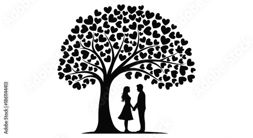 A romantic scene showing a couple under a tree composed of hearts a beautiful silhouette