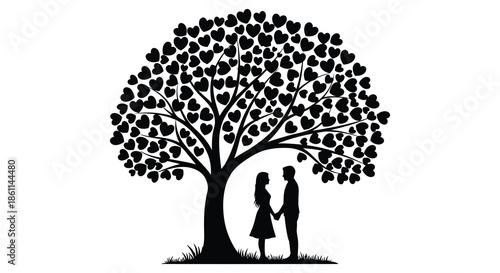 A romantic scene depicting a couple standing beneath a tree formed of hearts silhouette