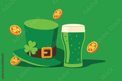 St Patricks Day background illustration featuring a green beer mug clover shamrock leaf and saint hat symbol for an Irish holiday celebration card