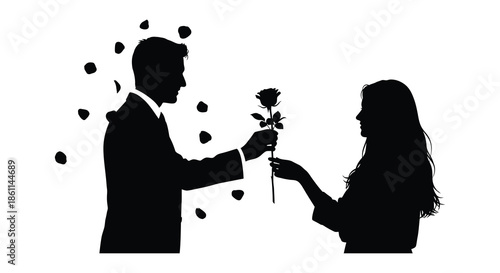 A romantic scene unfolds as a man offers a rose to a woman a striking silhouette