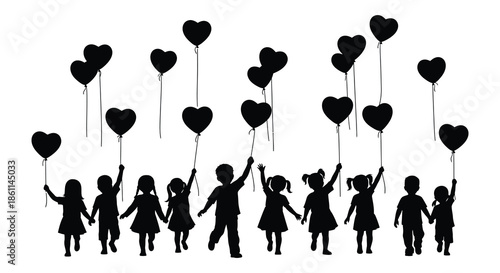 Children reaching for heart shaped balloons in a joyful scene beautifully rendered as a silhouette
