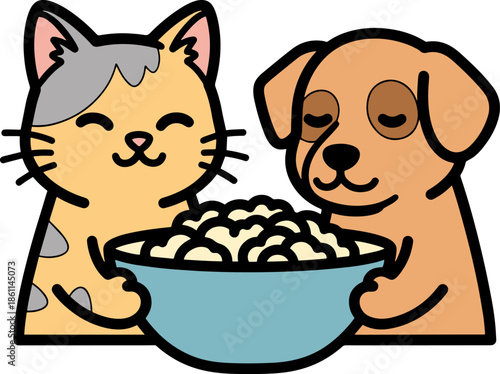 Dog Cat Sharing Food Bowl Pet Friendship Feeding Illustration