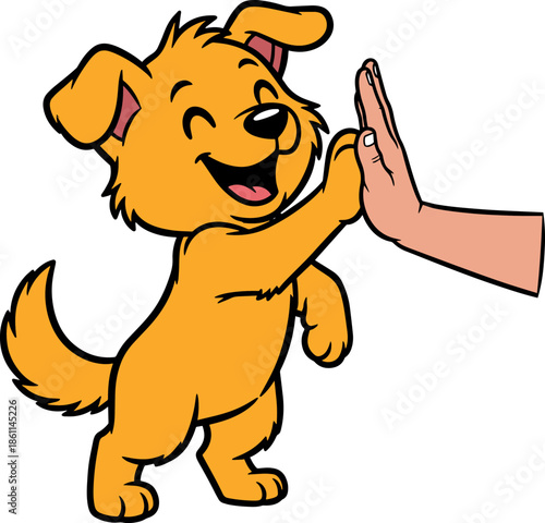 Happy Cartoon Dog Giving High-Five to Human Hand Pet Training Success
